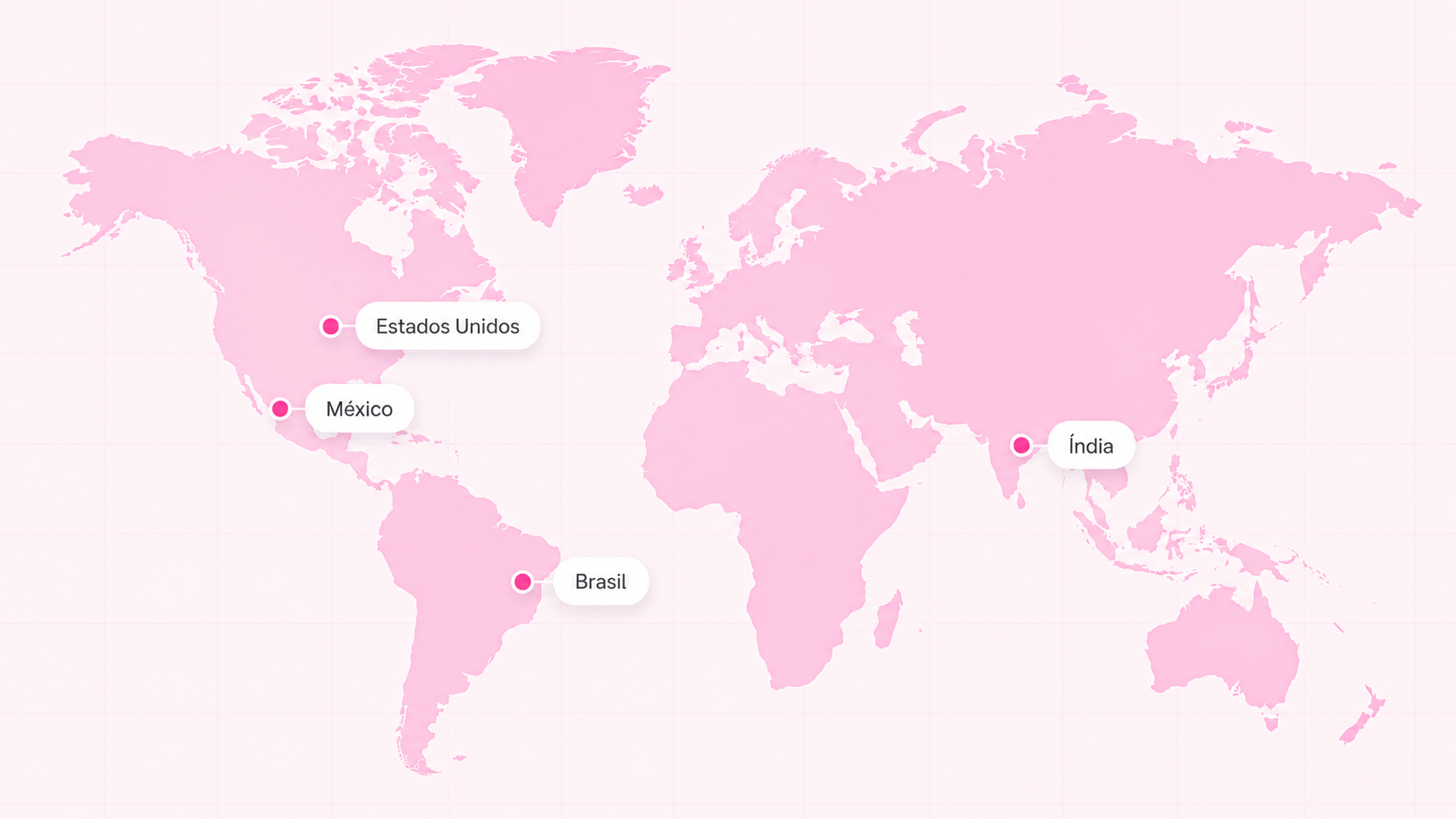 Mapa mundial em tons de rosa com destaque para Estados Unidos, México, Brasil e Índia